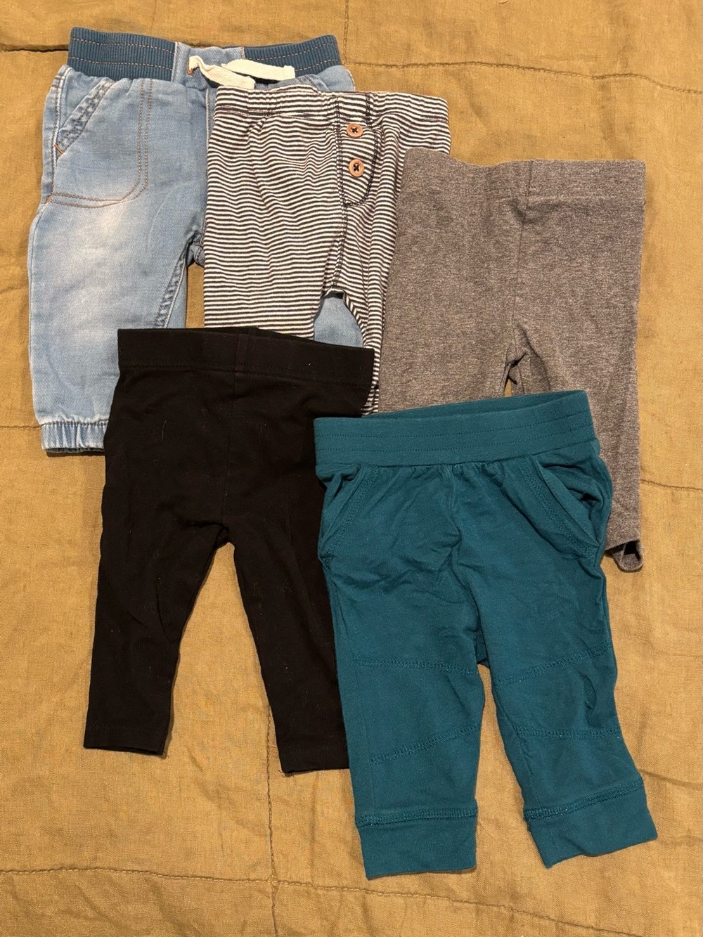 Mixed Pack of Baby Bottoms in Teal, Black, Gray, Stripe & Light Denim - 0-3m
